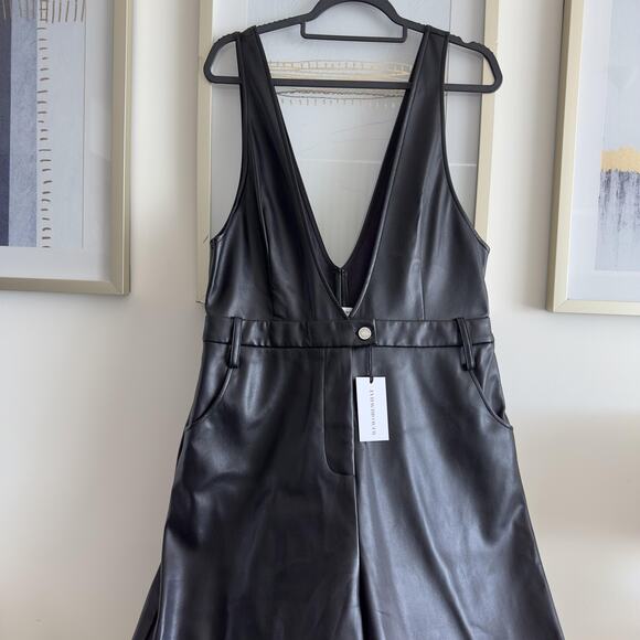 WeWoreWhat Overall Womens 32 Black Faux Leather Deep V Flare Jumpsuit Stretch - Picture 3 of 9